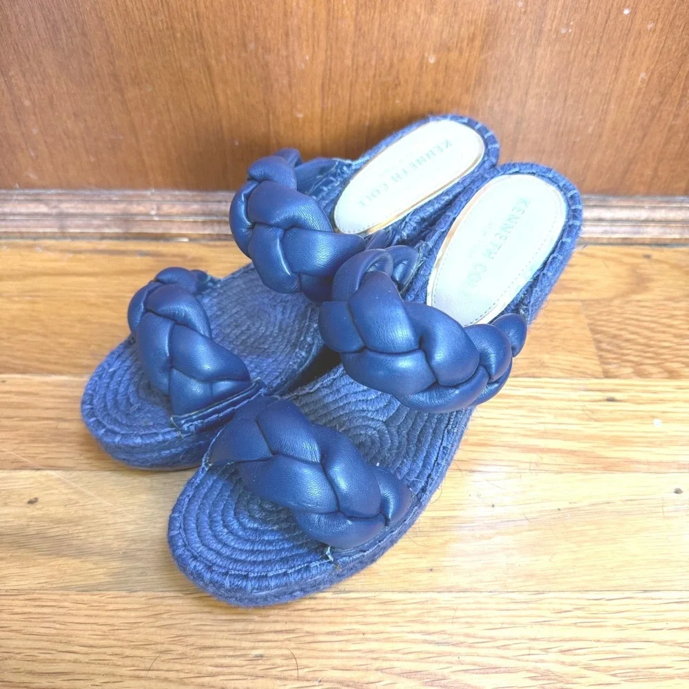 Kenneth Cole Olivia‎ Braid Navy Blue Espadrille Wedge Sandals Womens Size 7M
