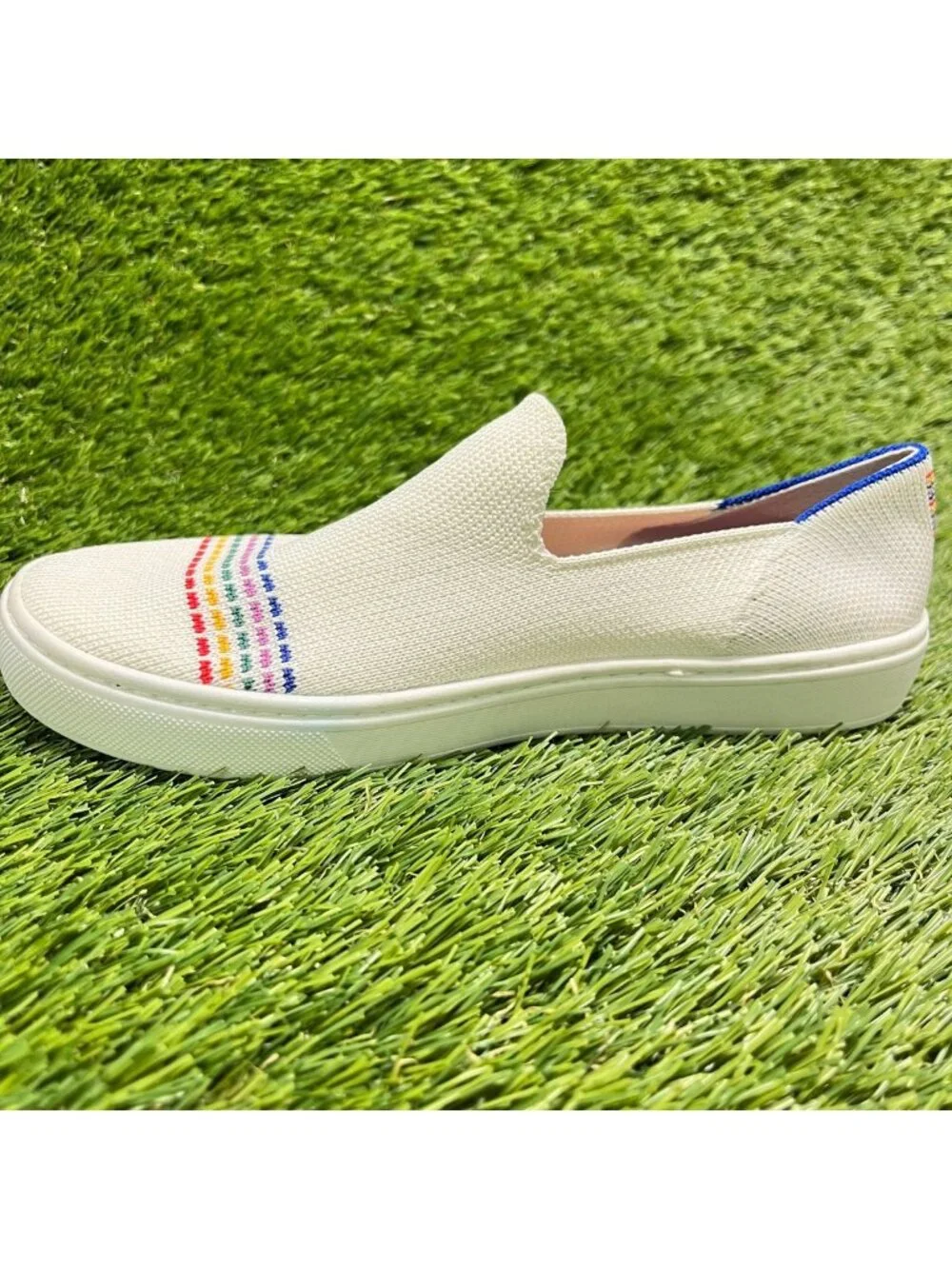 Rothy's The Kids Girls Size 3Y Ivory Blue Red Casual Classic Slip On Flats Shoes