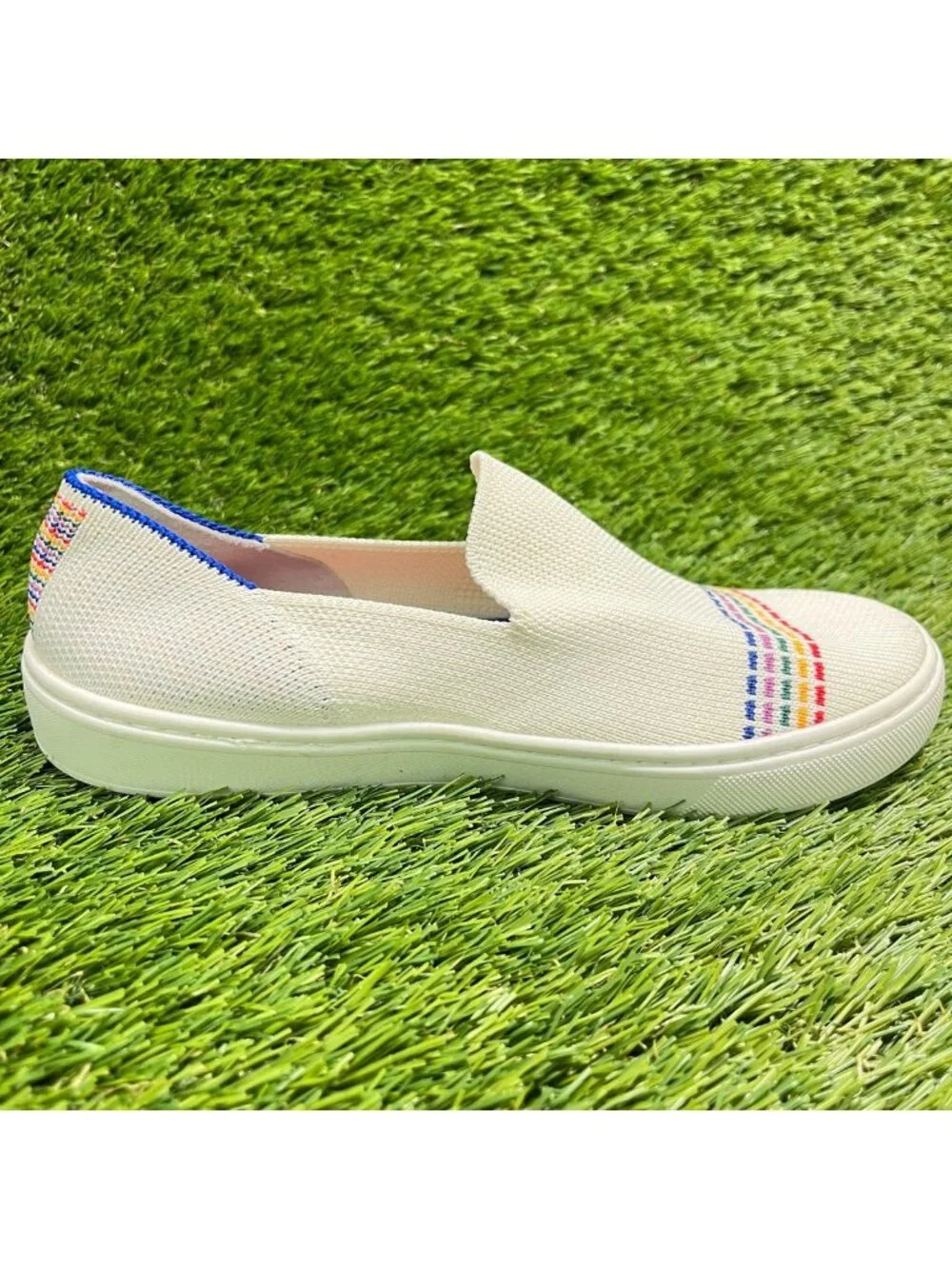 Rothy's The Kids Girls Size 3Y Ivory Blue Red Casual Classic Slip On Flats Shoes