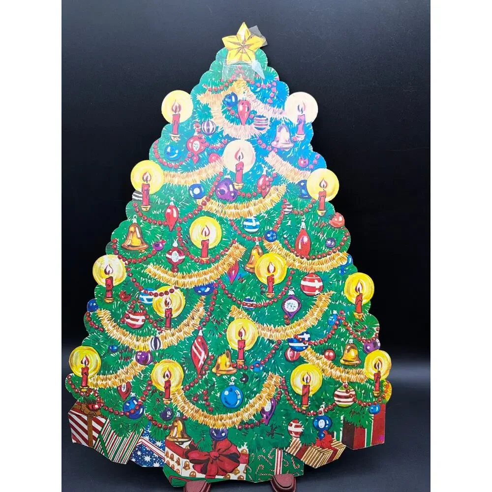 Vintage Cardboard Christmas Tree Die Cut Stand Up Candle Ornament Holiday Decor