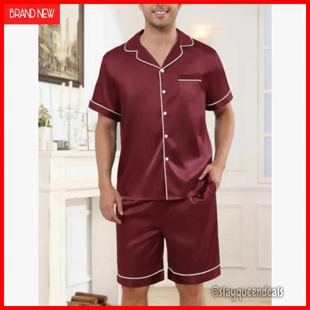 Men's Silk Satin Pajama Set Short Sleeve Sleepwear Lounge with Pockets