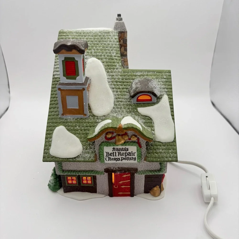 Department 56 North Pole Series Santa's Bell Repair Porcelain House Green Red