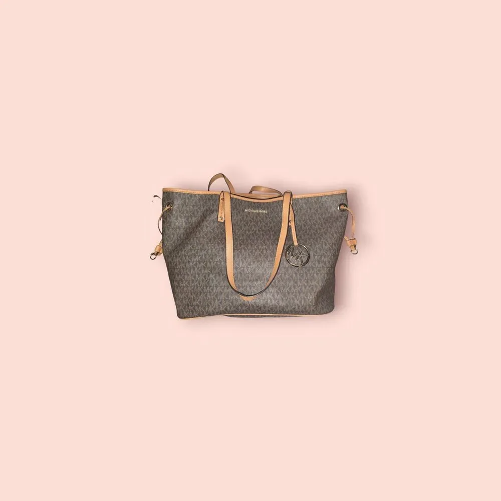 Michael Kors Jet Set Travel Large Drawstring Tote MK Signature Brown Acorn Bag