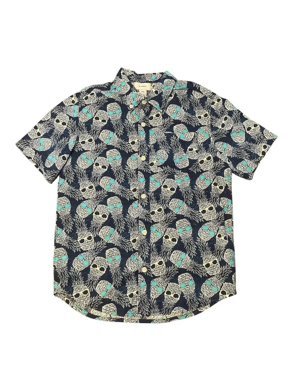 Navy Pineapple/Sunglasses Print Short-Sleeve Button Down Shirt