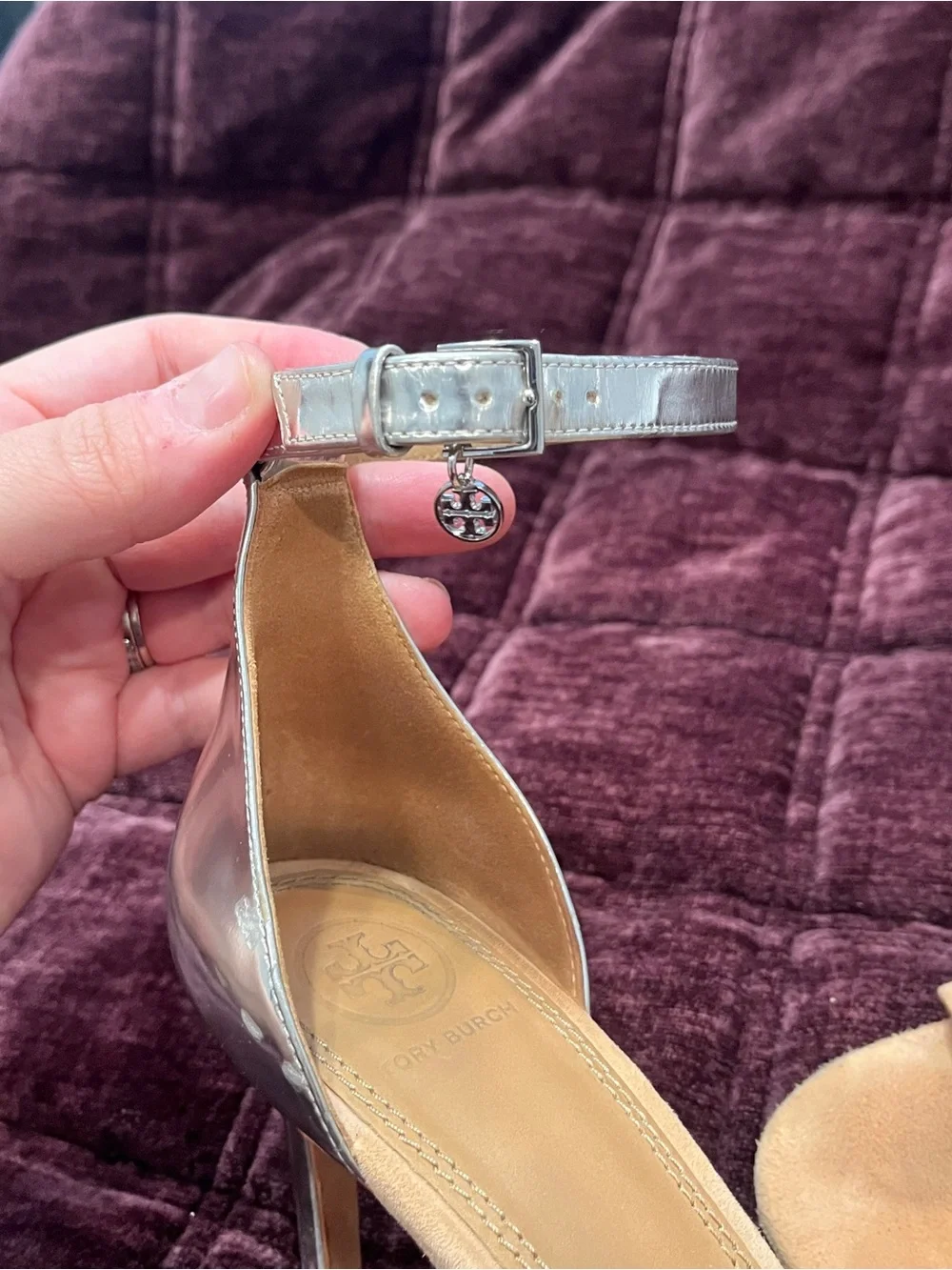 Tory Burch Ellie Nude Suede and Silver Ankle-Strap Sandal
