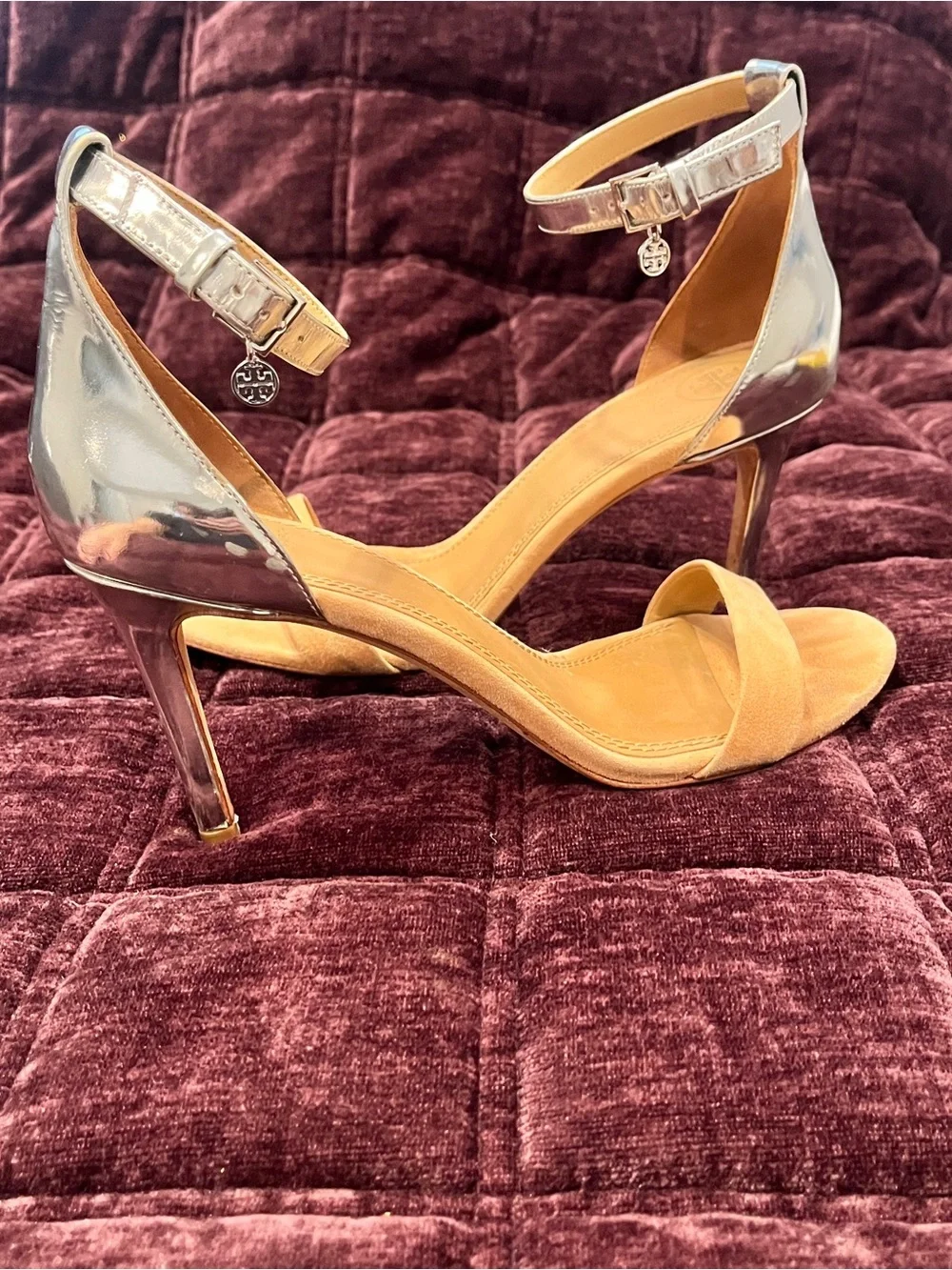 Tory Burch Ellie Nude Suede and Silver Ankle-Strap Sandal