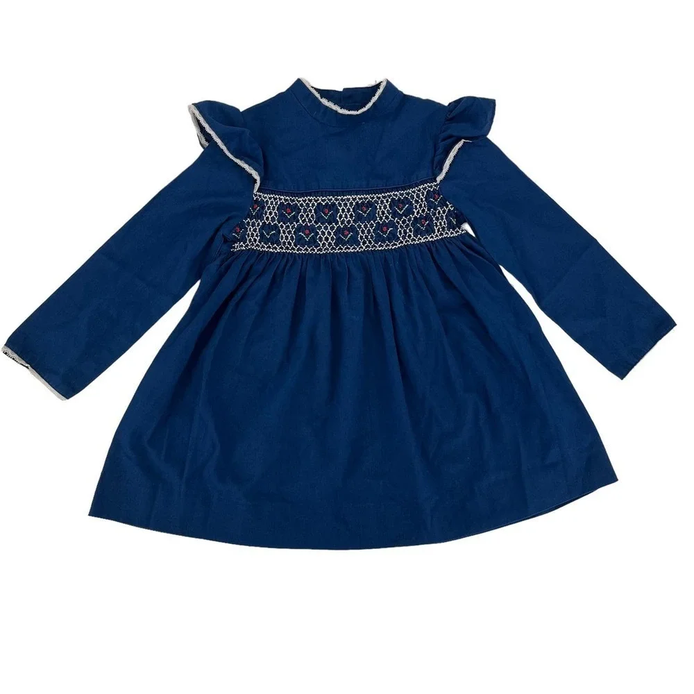 Vintage Girl’s Prairie Dress Smocked Floral‎ JC Penney Navy Blue Size 6