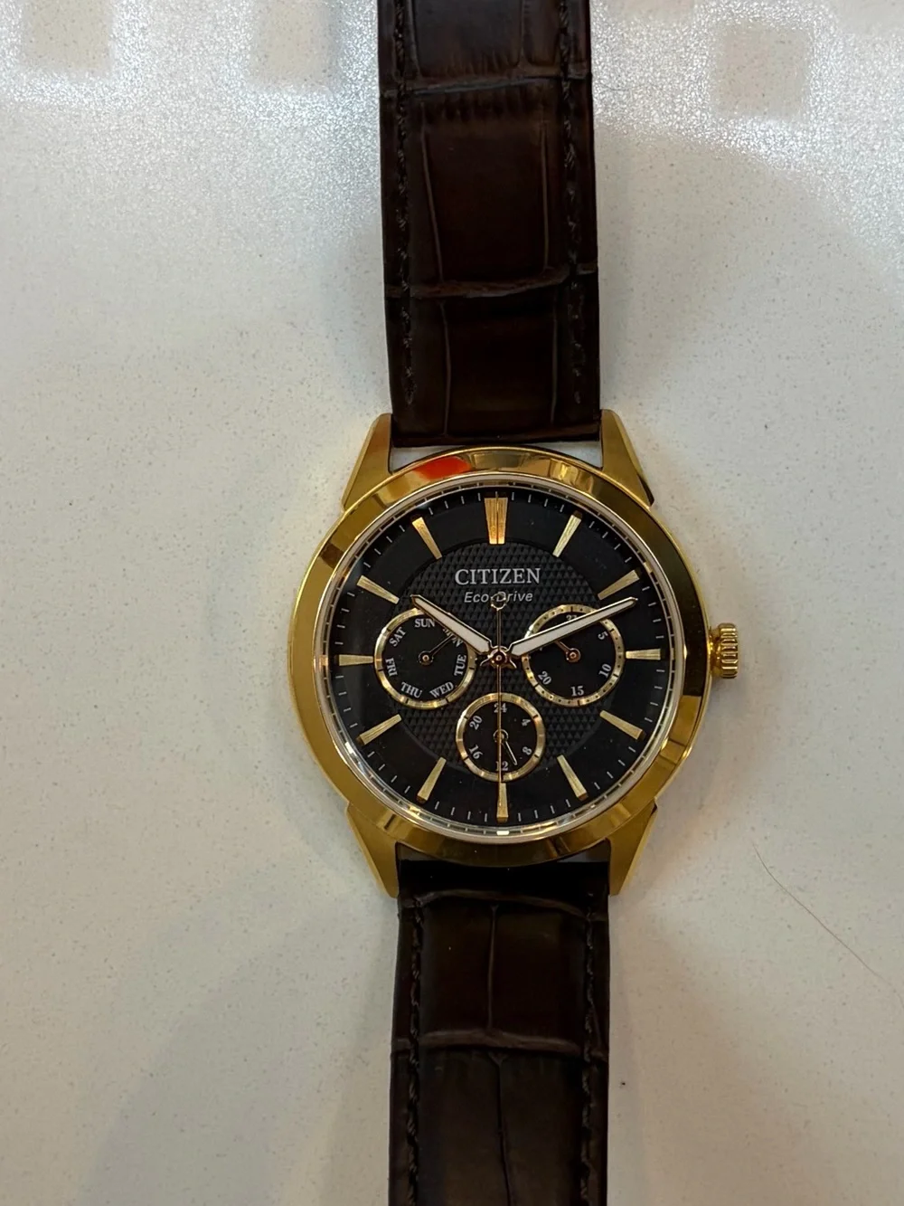 Citizen Eco-Drive Rolan Gold Case Black Dial Brown Leather Strap Watch