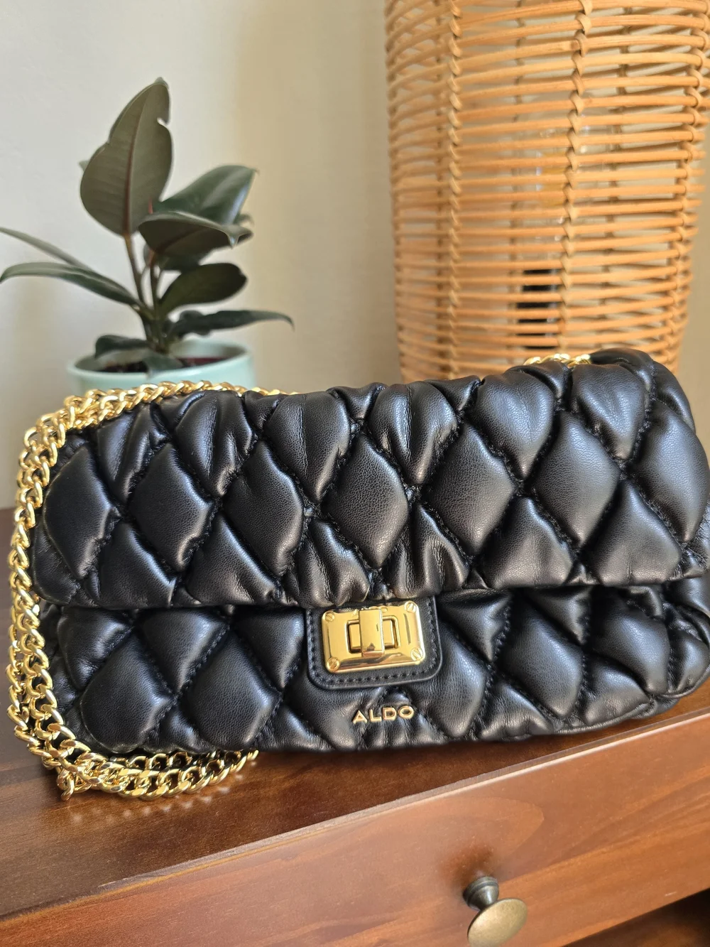 Aldo Black Quilted Crossbody with Gold Chain
