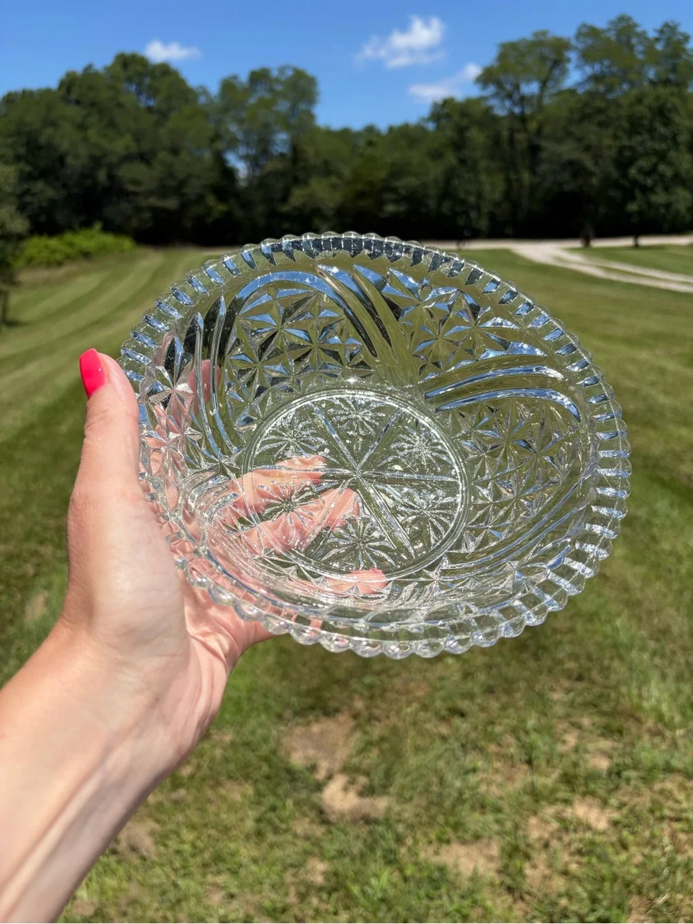 Anchor Hocking Stars And Bars Pattern 8” Clear Glass Salad Bowl Vintage Cottage