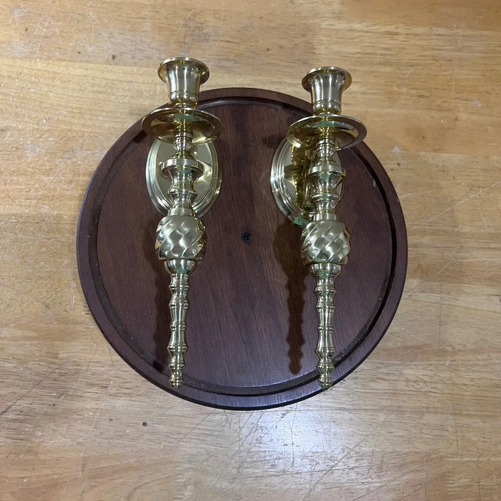 Vtg Brass Wall Sconce Candle Holder Pair Spindle Swirl Regency Colonial Gold 10