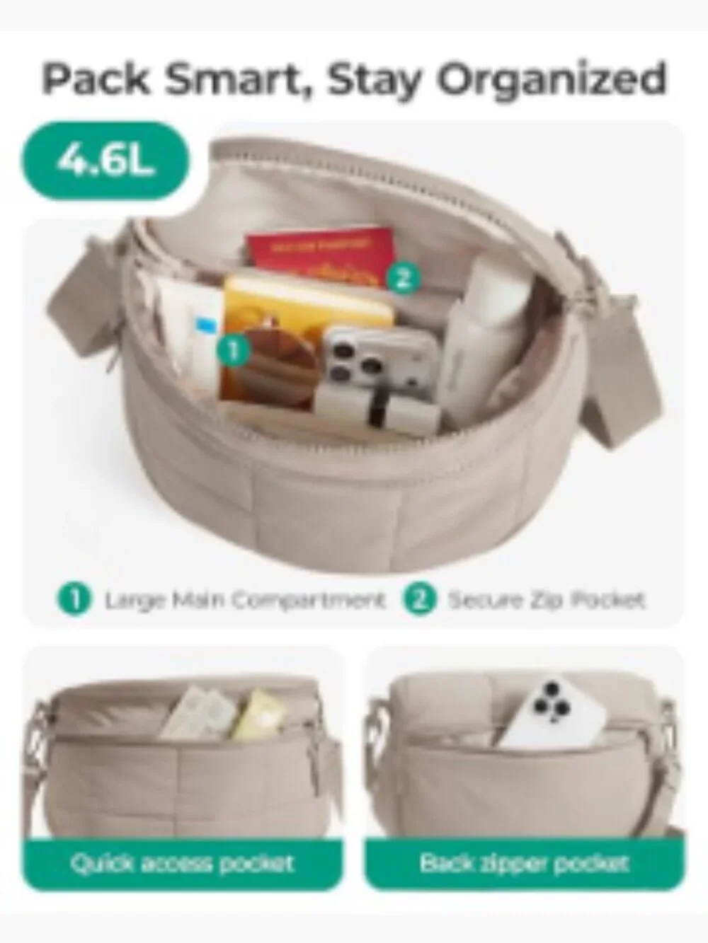 Quilted Nylon Crossbody Bag with Pouch, Adjustable Strap