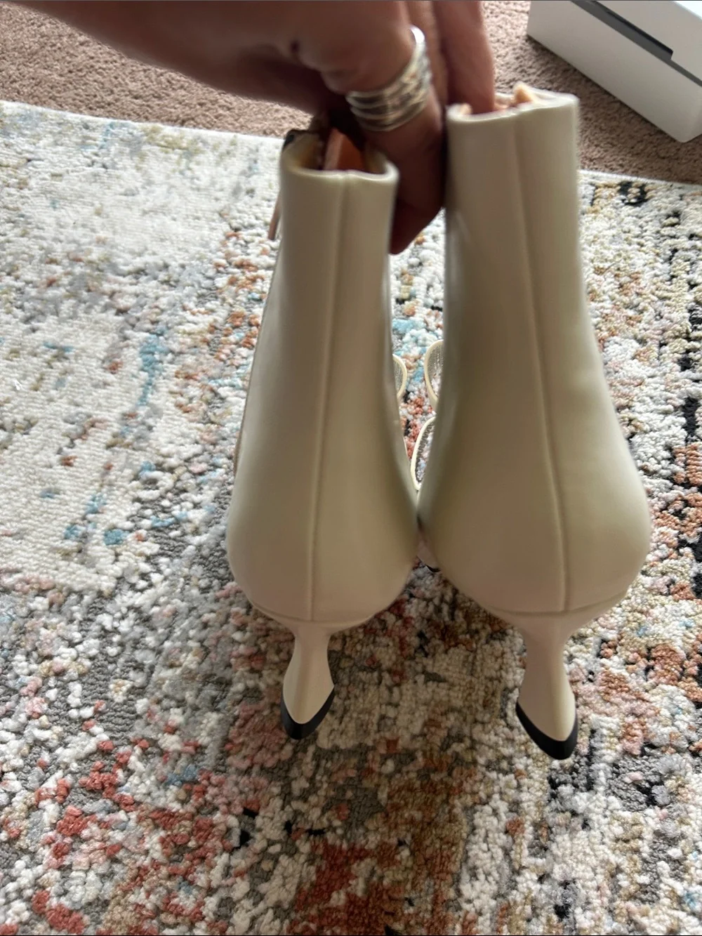 Bow-Trim Cream Pointed-Toe Ankle Booties