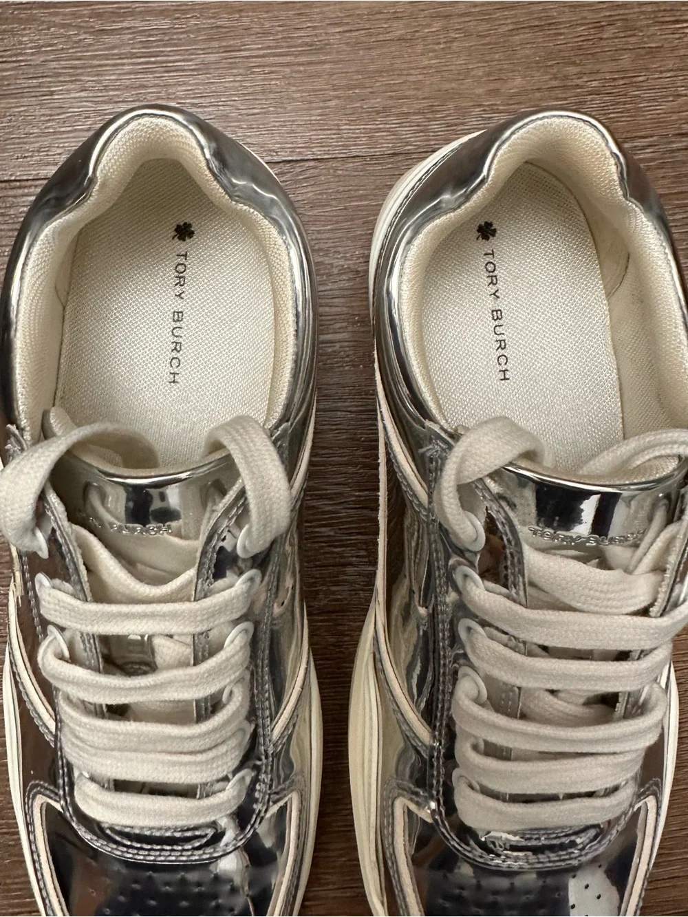 Tory Burch Women’s Silver Metallic Low Top Lace-Up Logo Sneakers Rubber