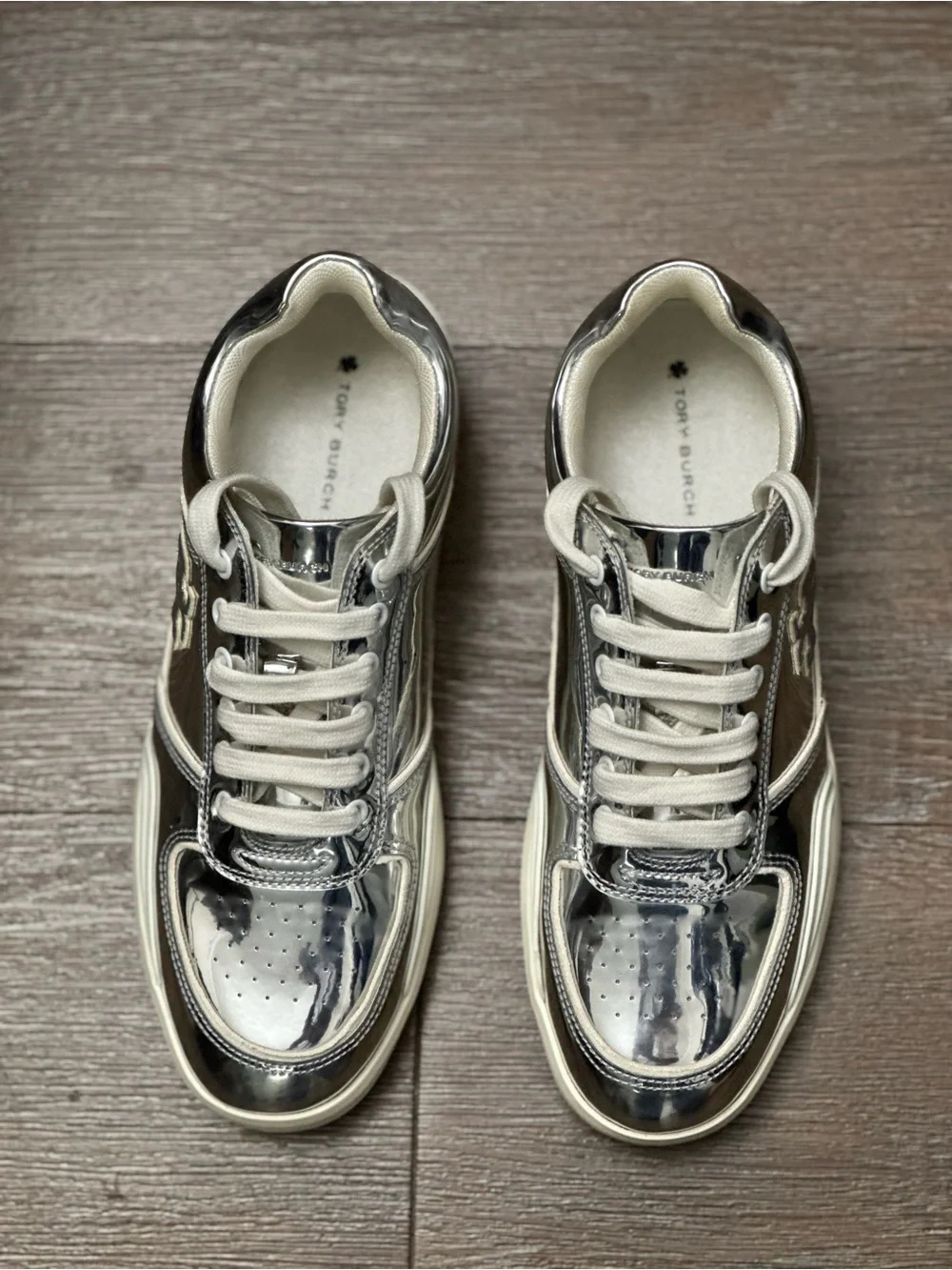 Tory Burch Women’s Silver Metallic Low Top Lace-Up Logo Sneakers Rubber