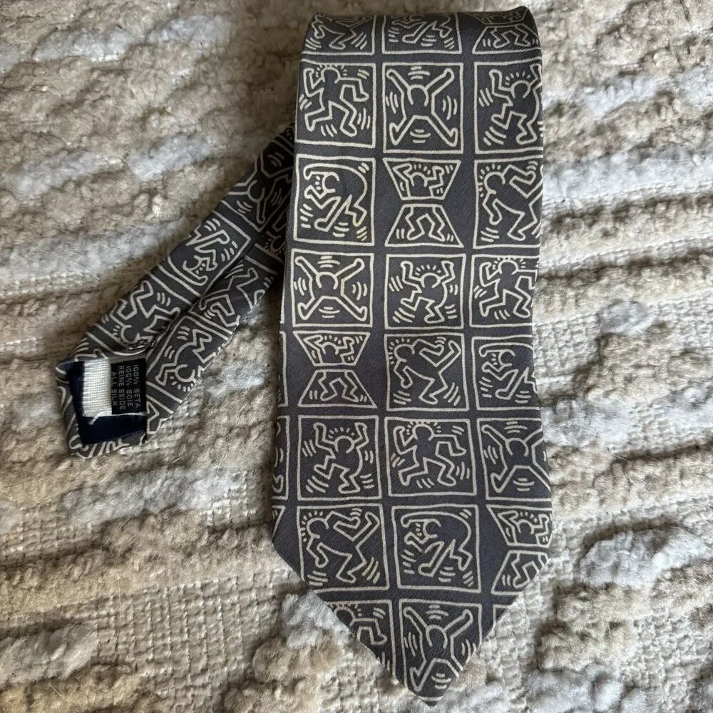 Keith Haring Playboy Archives Limited Edition 100% Silk Necktie Gray Art Tie VTG