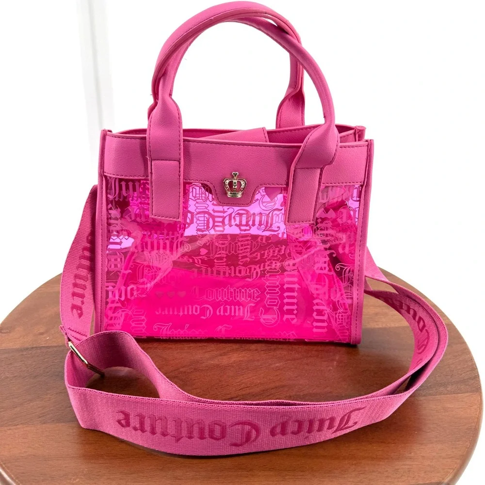 Juicy Couture Tote Bag Womens Hot Pink Clear PVC Monogram Crossbody Small Y2K