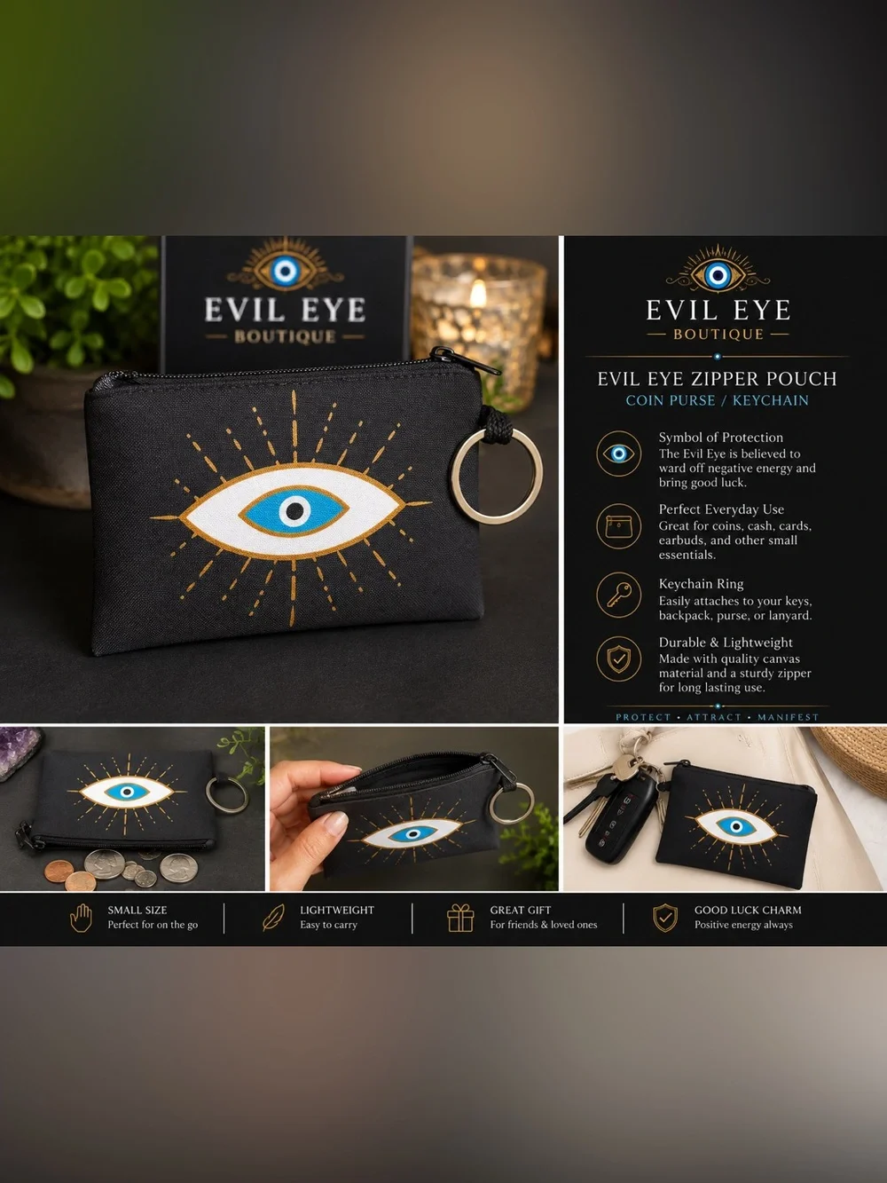 🧿💸💰Black Coin Purse with Gold & Blue Eye Design💰💸🧿