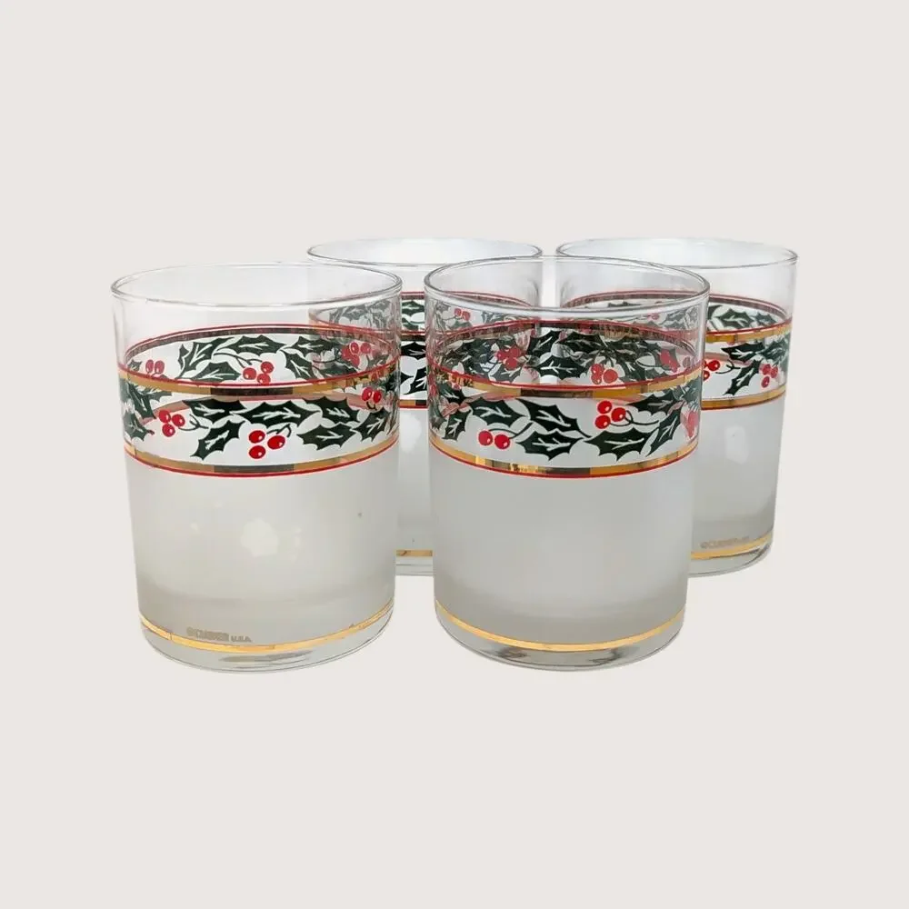 Vintage Culver Holiday Holly Ice Bucket and Glassware Set
