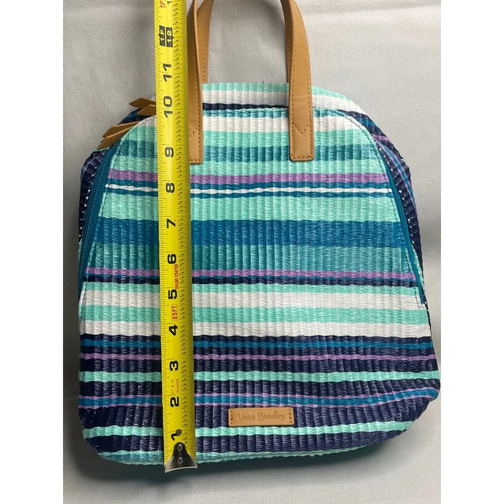 Vera Bradley Straw Mini Totepack Spring Mint Stripe Teal Blue White Backpack Bag