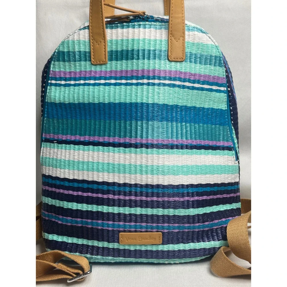 Vera Bradley Straw Mini Totepack Spring Mint Stripe Teal Blue White Backpack Bag