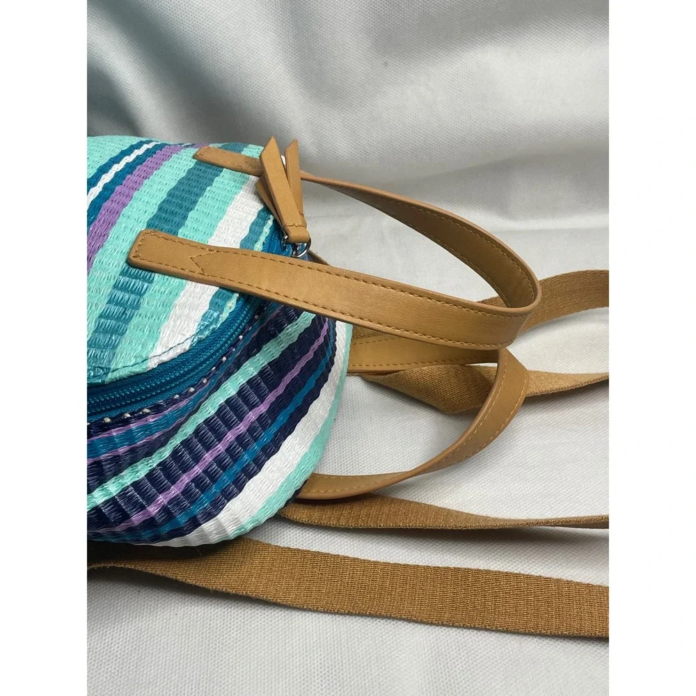 Vera Bradley Straw Mini Totepack Spring Mint Stripe Teal Blue White Backpack Bag