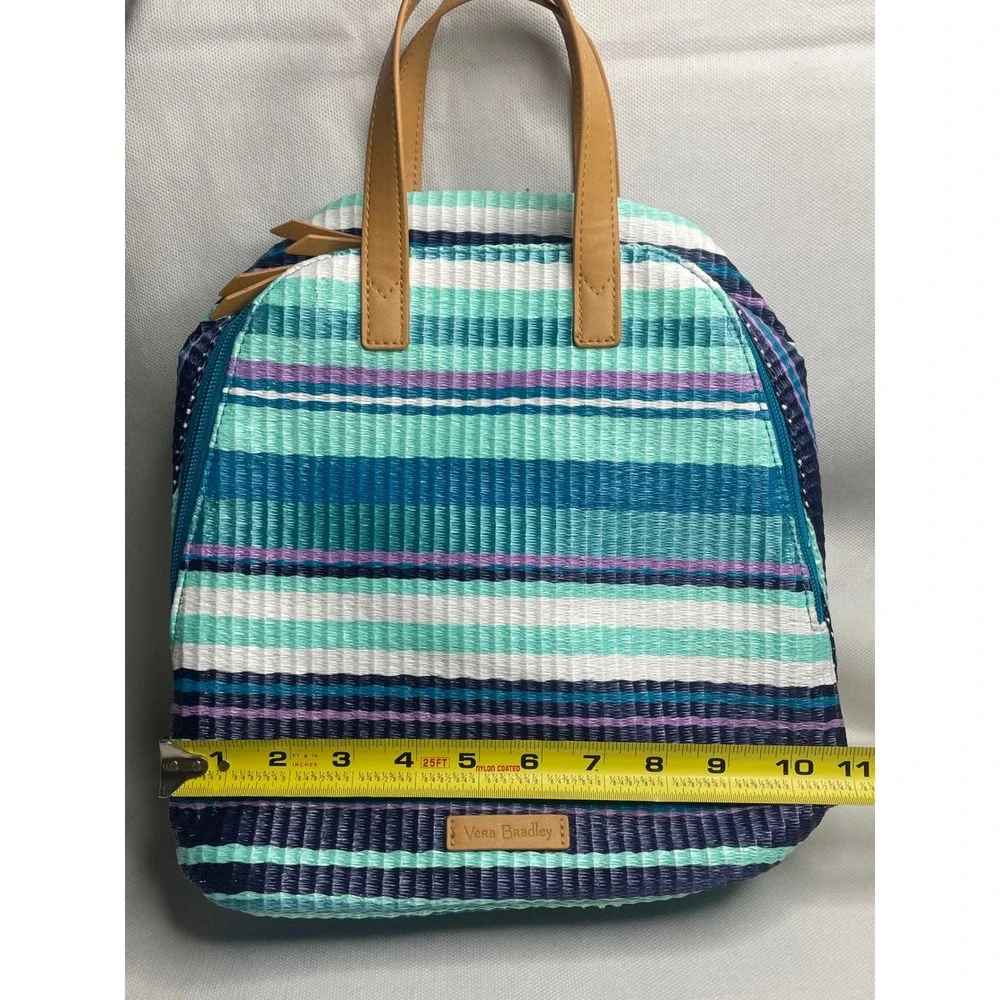 Vera Bradley Straw Mini Totepack Spring Mint Stripe Teal Blue White Backpack Bag