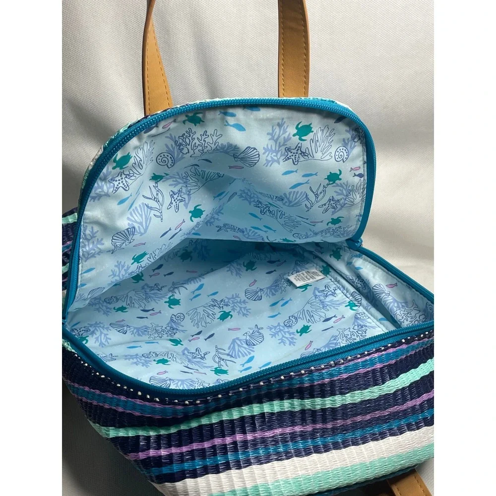 Vera Bradley Straw Mini Totepack Spring Mint Stripe Teal Blue White Backpack Bag