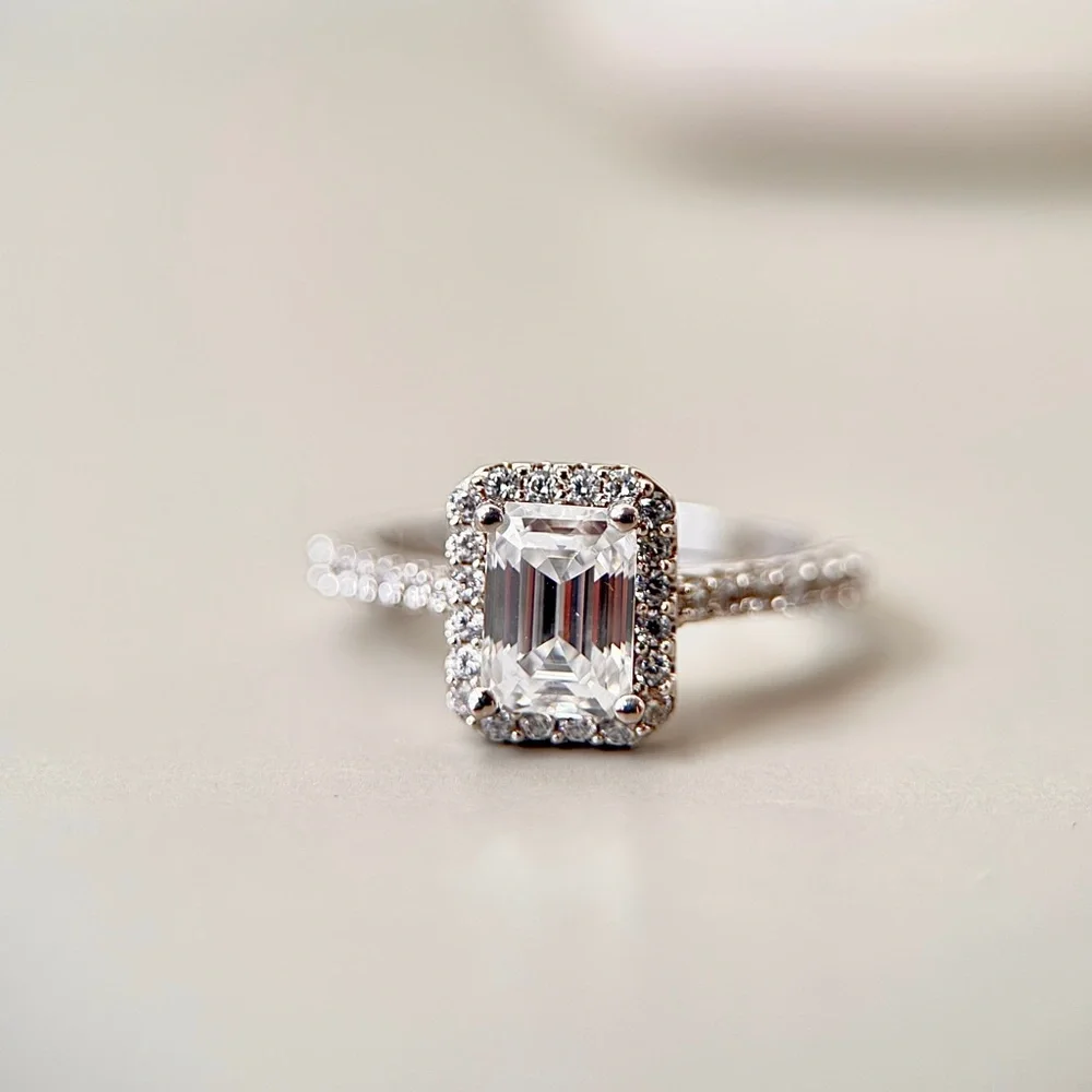 1.35ctw S925 Moissanite Emerald Cut Halo Engagement Ring 18K Gold Plate