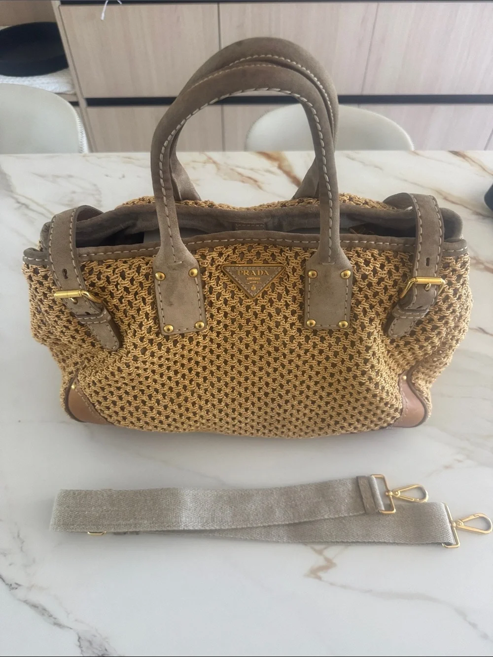 Prada Yellow Crochet Shoulder Bag with Taupe Leather Trim