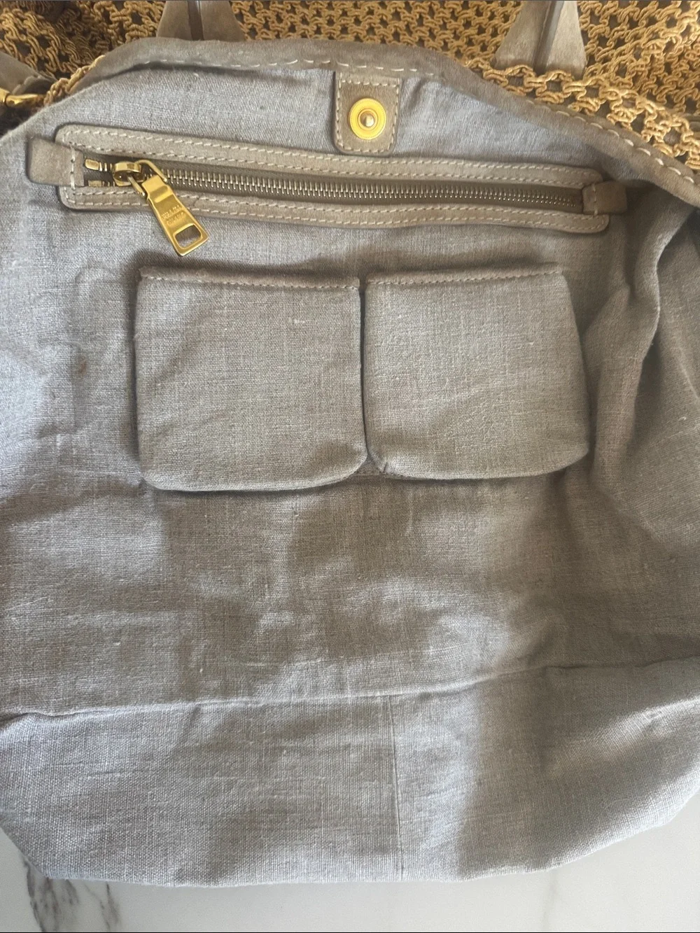 Prada Yellow Crochet Shoulder Bag with Taupe Leather Trim