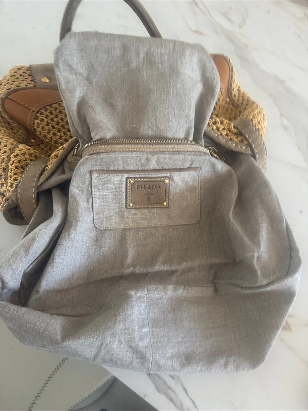 Prada Yellow Crochet Shoulder Bag with Taupe Leather Trim