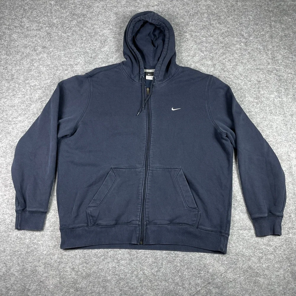Nike Hoodie Mens XXL Navy Blue Full Zip Fleece Swoosh Media Pocket 341573-405