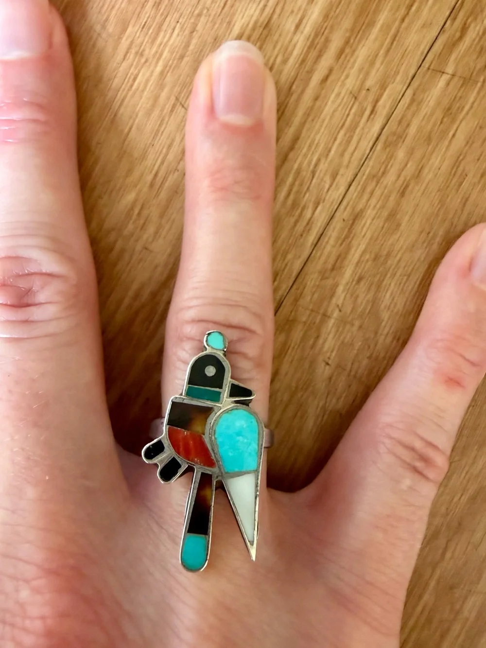 Vintage Native American Zuni Sterling Silver Turquoise Inlay Bird Ring Size 6