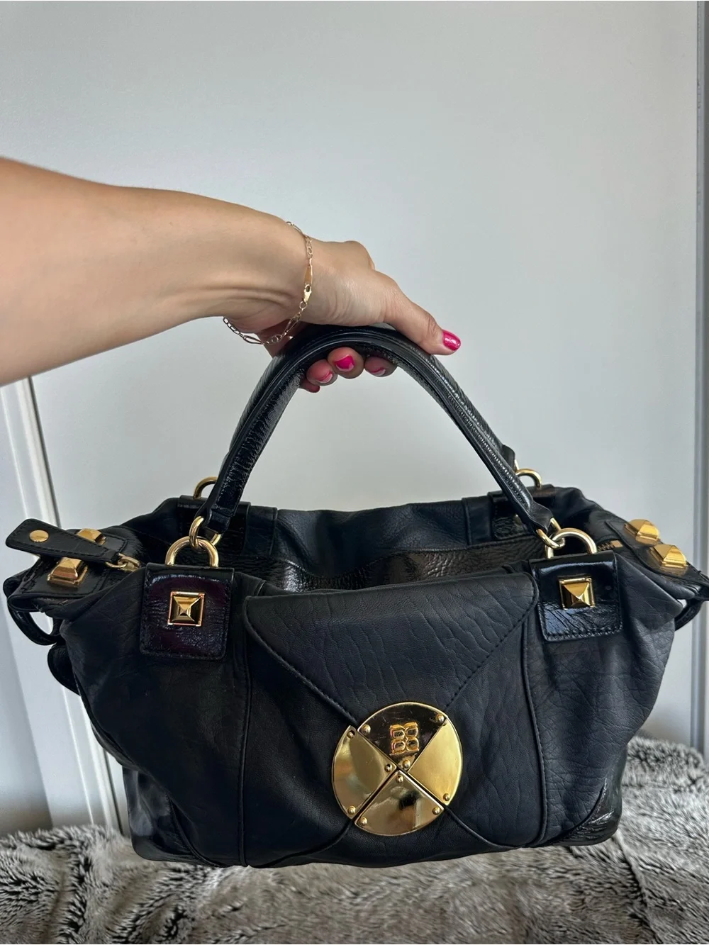 BCBG Max Azria Black Leather Satchel with Gold Hardware