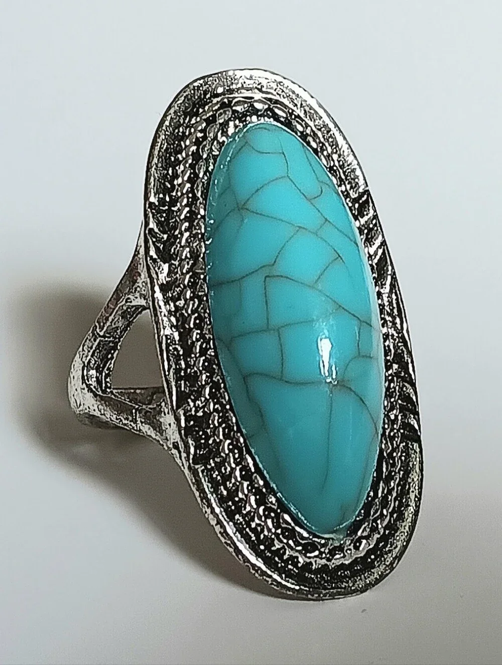 Turquoise Oval Silver-Tone Statement Ring