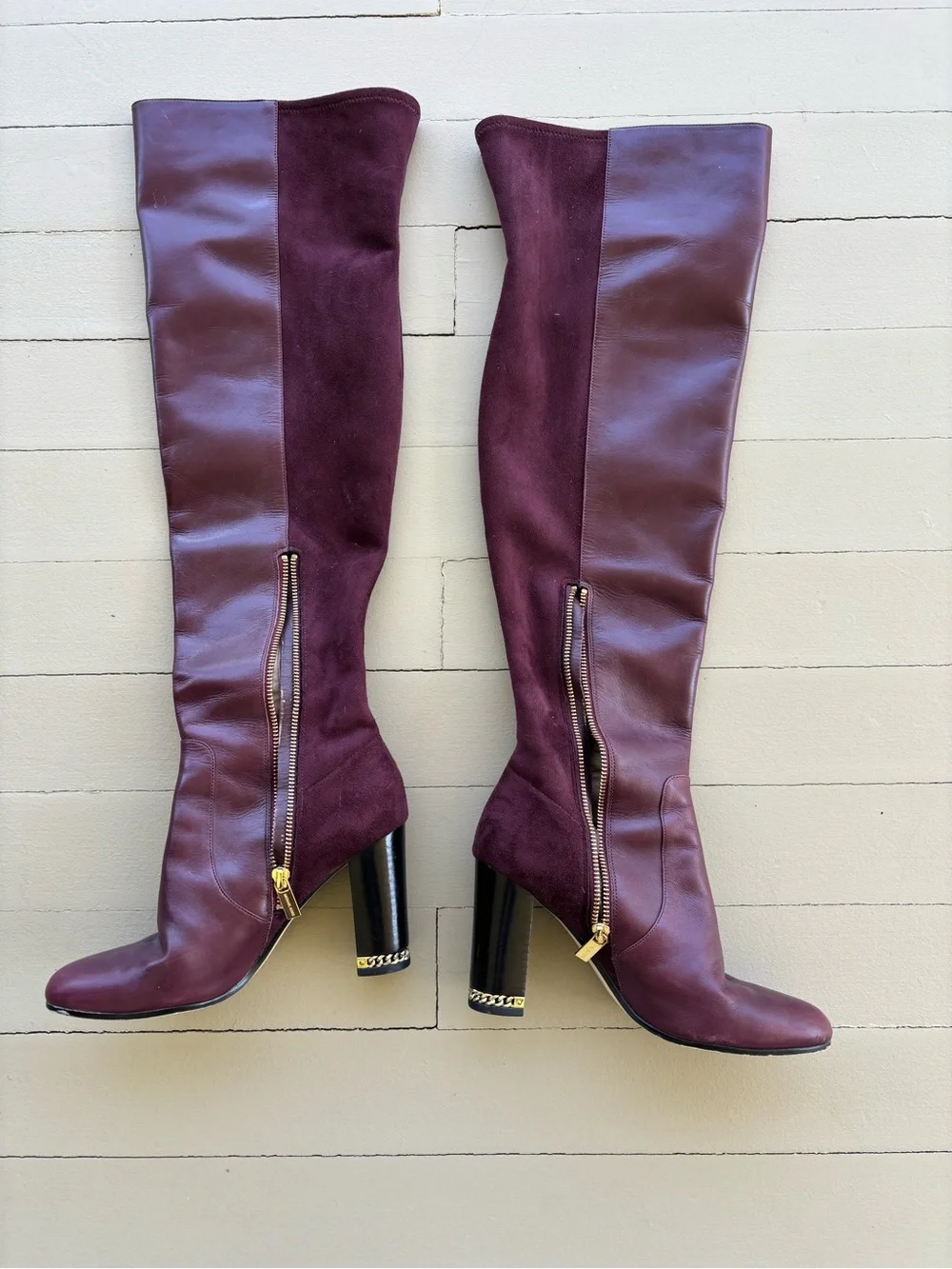 Michael Kors Over-the-Knee Leather & Suede Boots in Burgundy