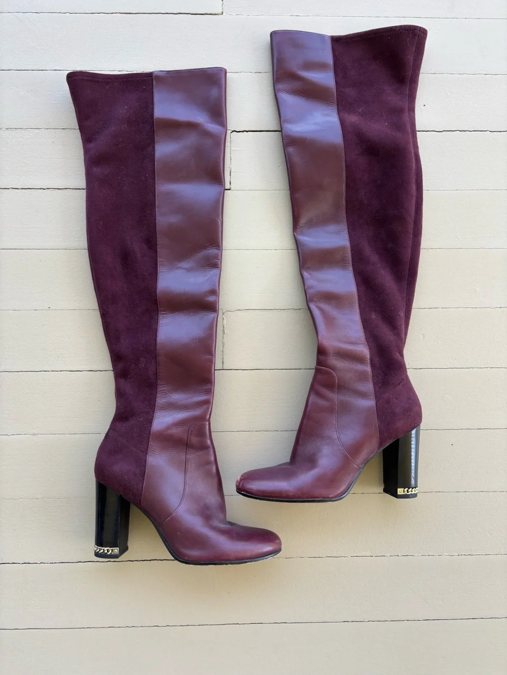 Michael Kors Over-the-Knee Leather & Suede Boots in Burgundy