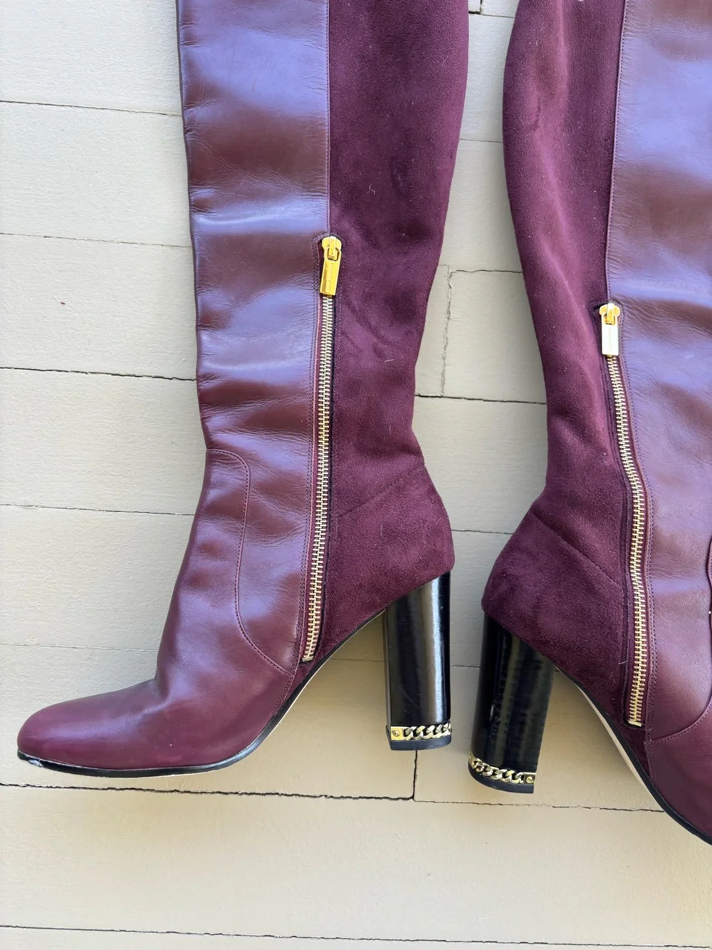 Michael Kors Over-the-Knee Leather & Suede Boots in Burgundy