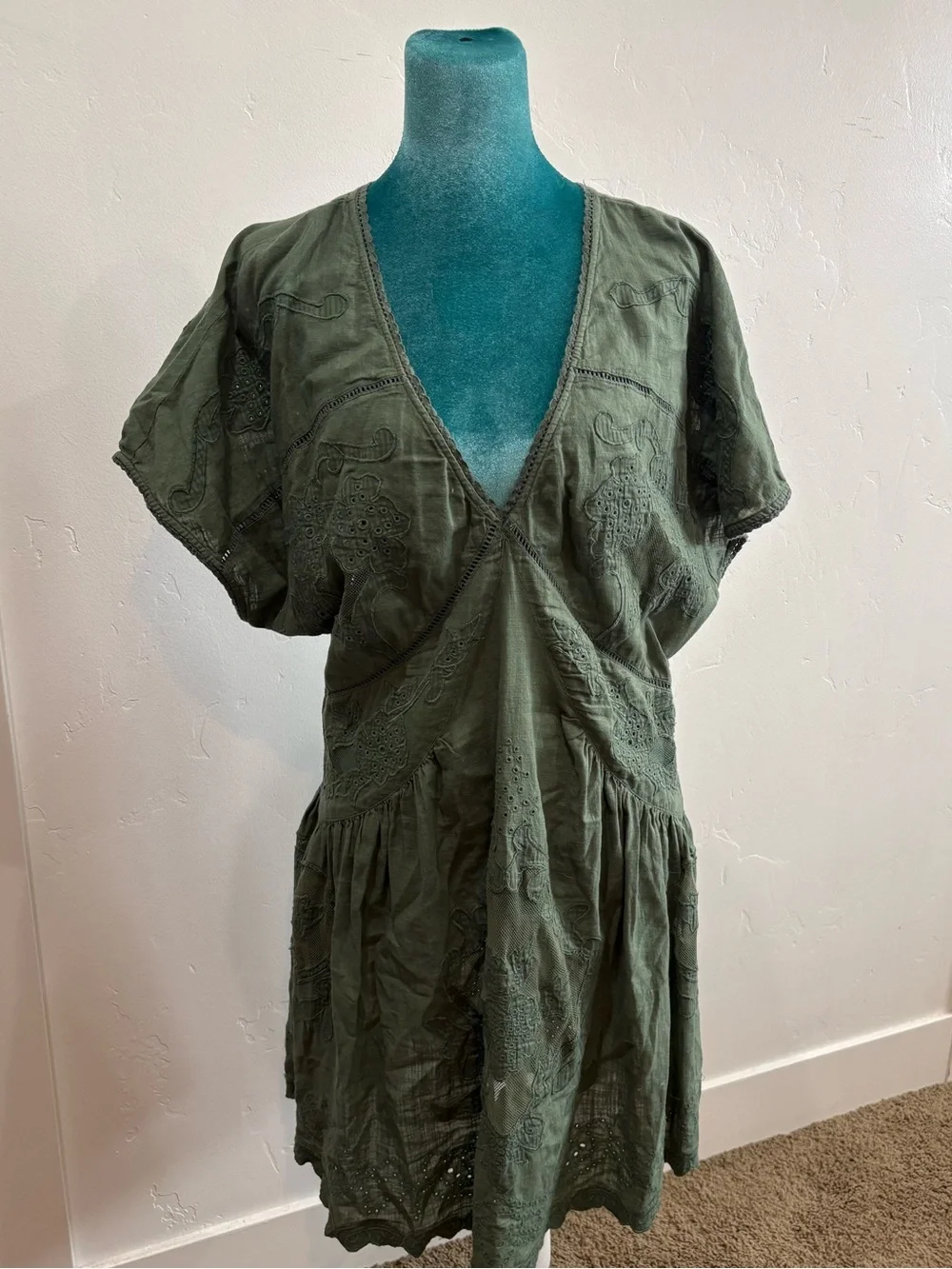 Free People Olive Green Embroidered Eyelet Boho Mini Dress Size L