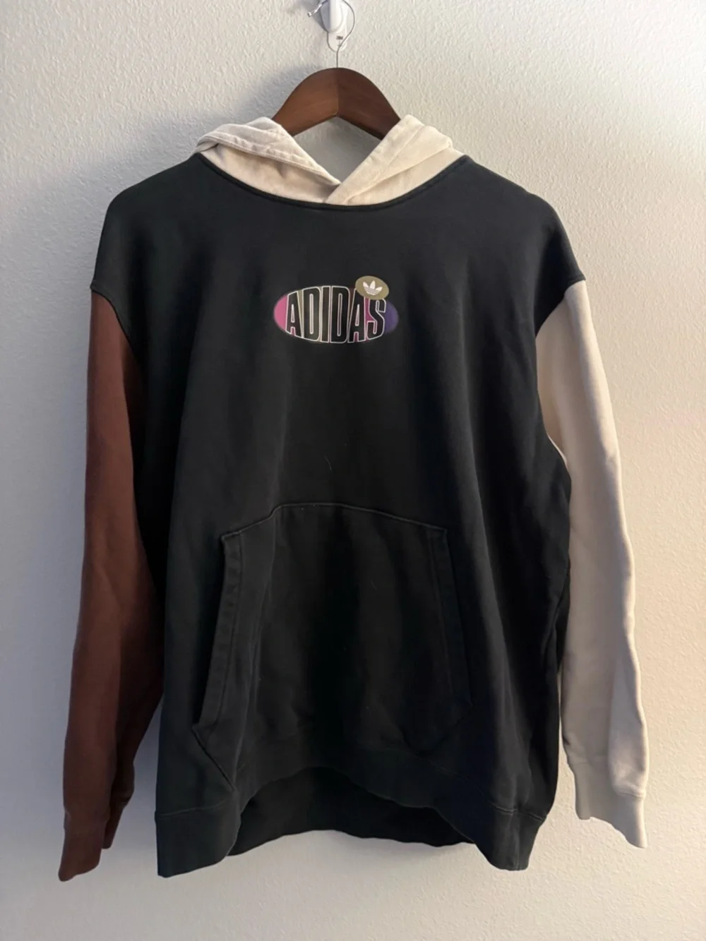 adidas Black Hoodie with Brown and Cream Sleeves