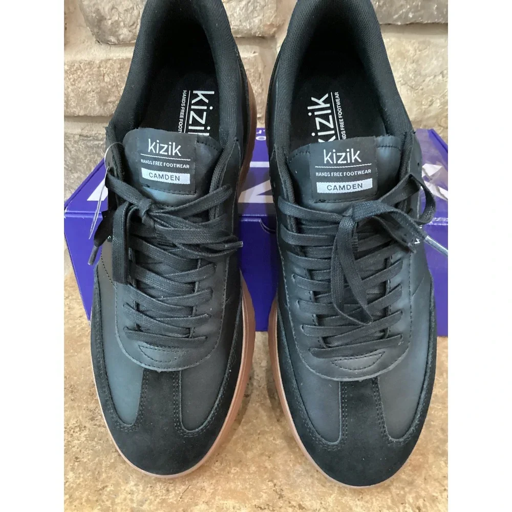 Kizik Camden Mens Size 12 Sneakers Black Gum Leather Suede Low Top Shoe New
