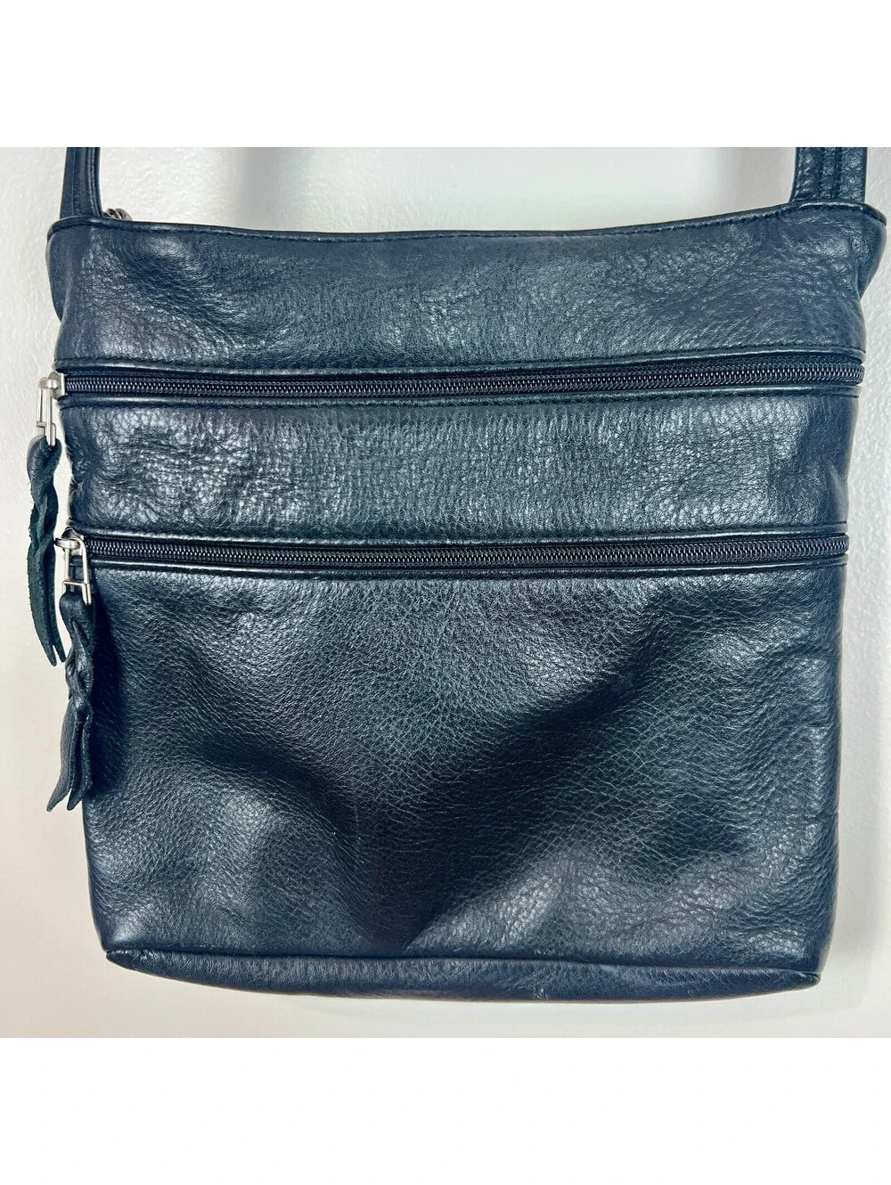 SAS Genuine Leather Black Crossbody Organizer Bag Adjustable Strap USA Made