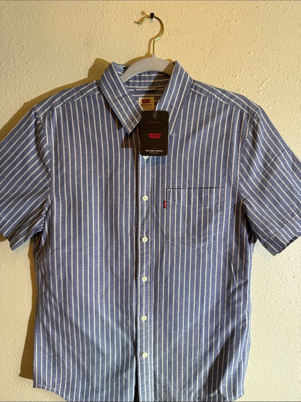 Levi's Blue and White Vertical-Stripe Short Sleeve Button-Down Shirt