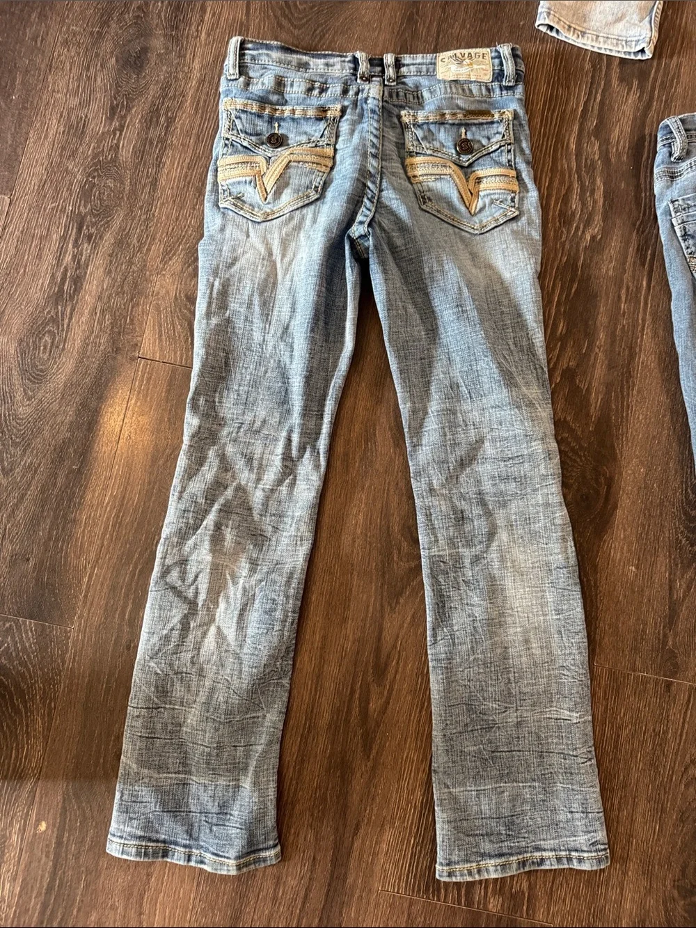 Salvage Light Blue Men’s Bootcut Jeans with Tan Contrast Stitching