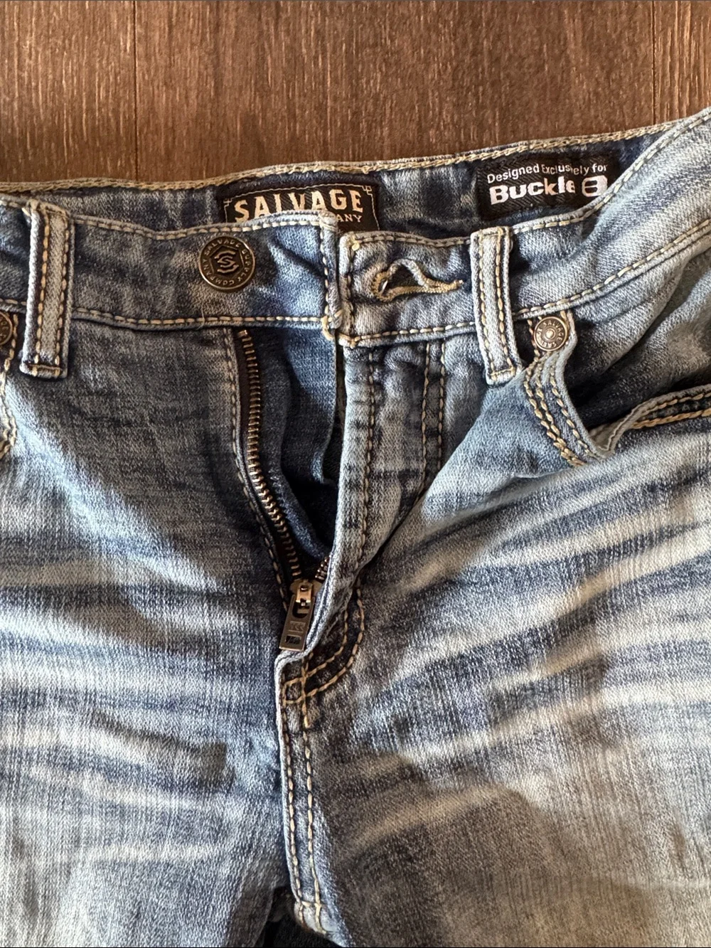 Salvage Light Blue Men’s Bootcut Jeans with Tan Contrast Stitching