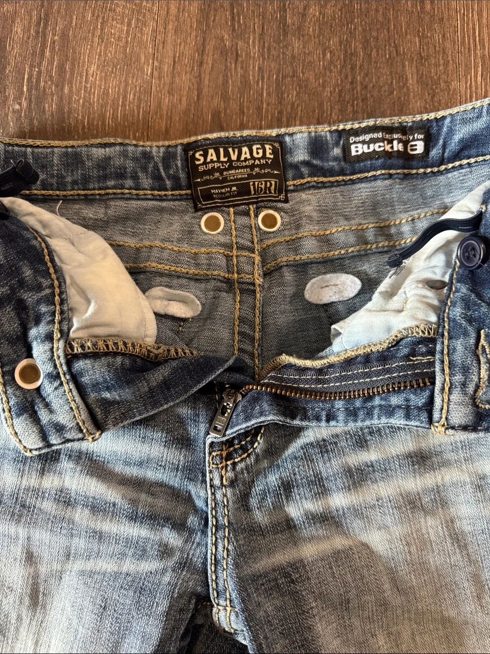 Salvage Light Blue Men’s Bootcut Jeans with Tan Contrast Stitching