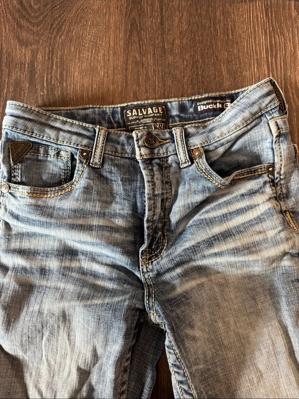 Salvage Light Blue Men’s Bootcut Jeans with Tan Contrast Stitching