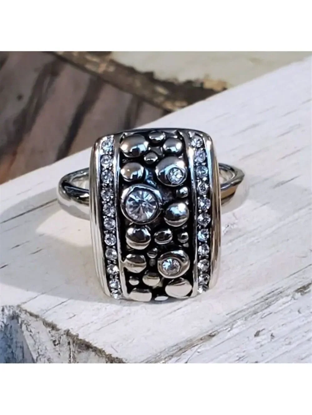Silver Plated Austrian Crystal Bauble Design Geometric Cocktail Ring Size 8