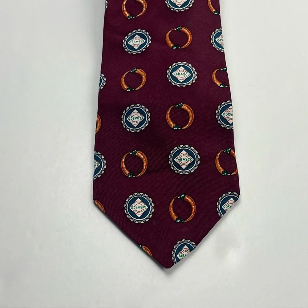 Tabasco Burgundy Red Novelty Patterned Tie 100% Silk USA Peppers Vintage *FLAWED